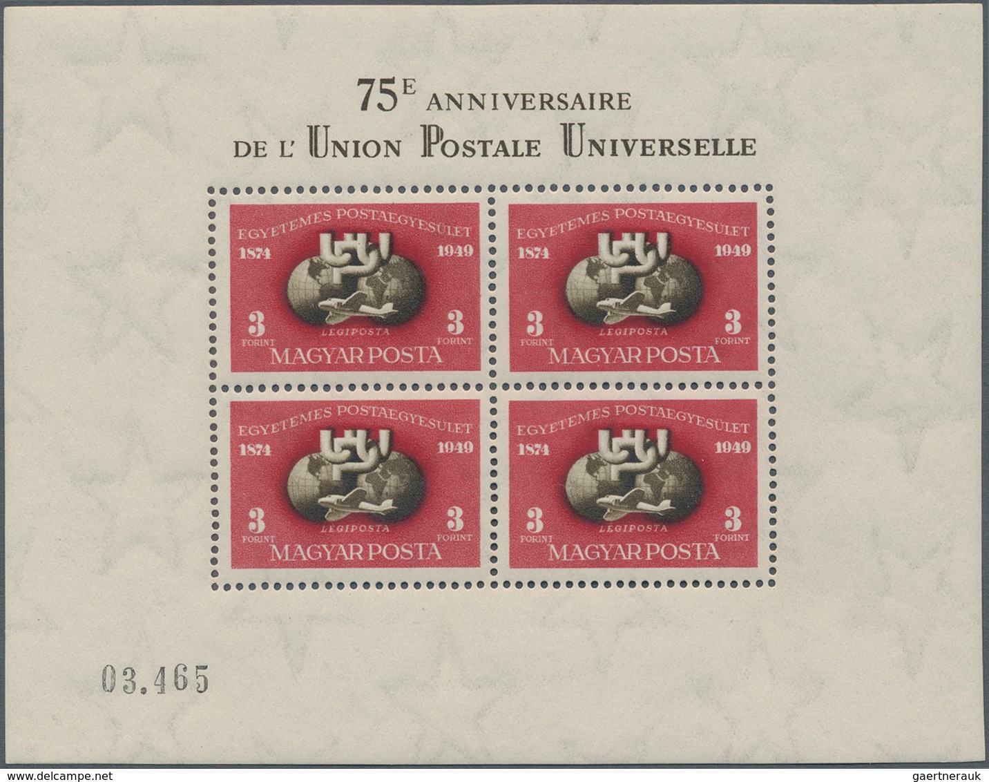 Ungarn: 1950. AIR. 75th Anniversary Of Universal Postal Union. 3 F Sepia And Carmine, Perf 12, Water - Brieven En Documenten