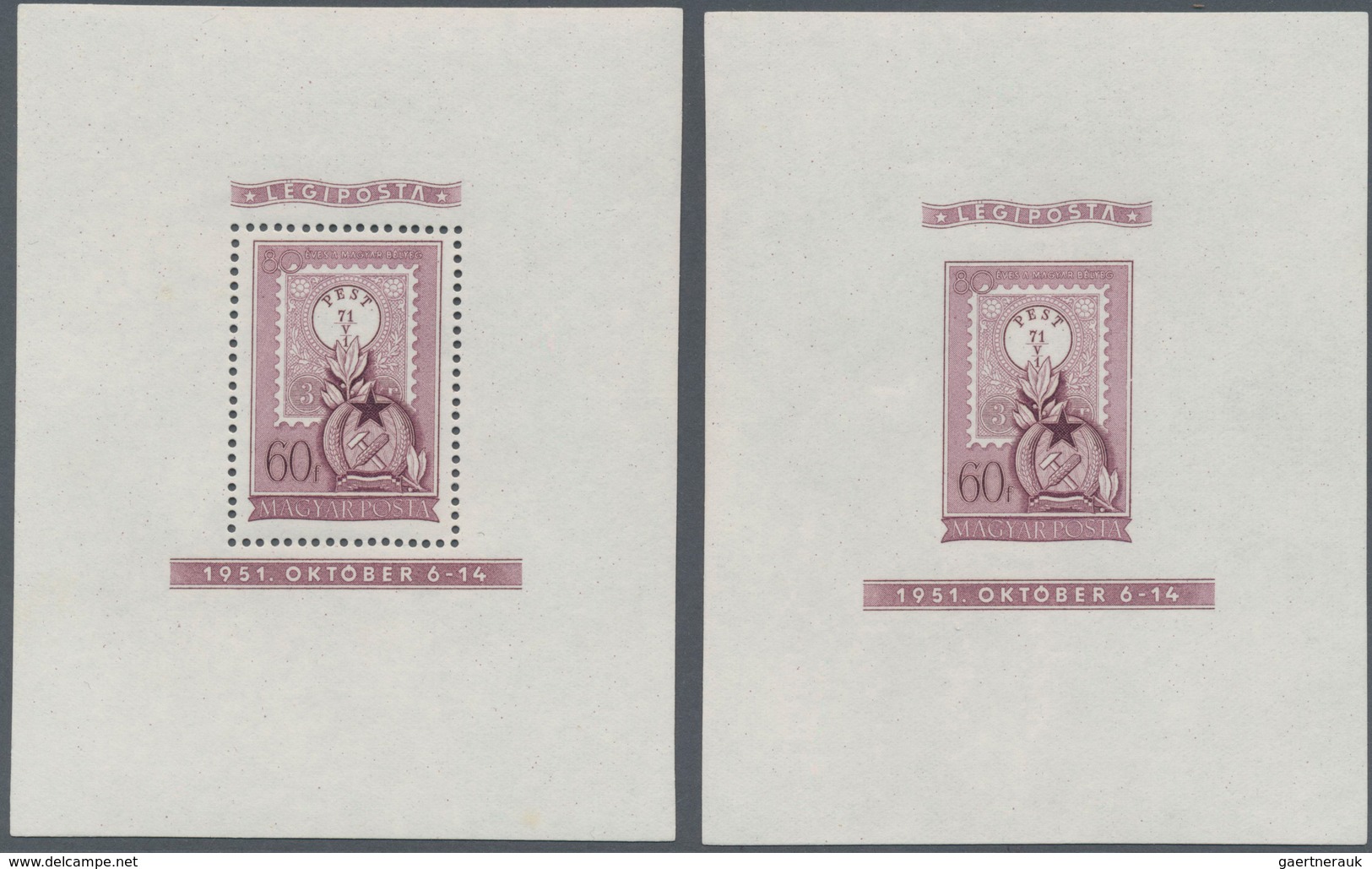 Ungarn: 1951, 80th Anniversary Of Hungarian Stamps, Set Of Three Souvenir Sheets Perforated And Impe - Brieven En Documenten