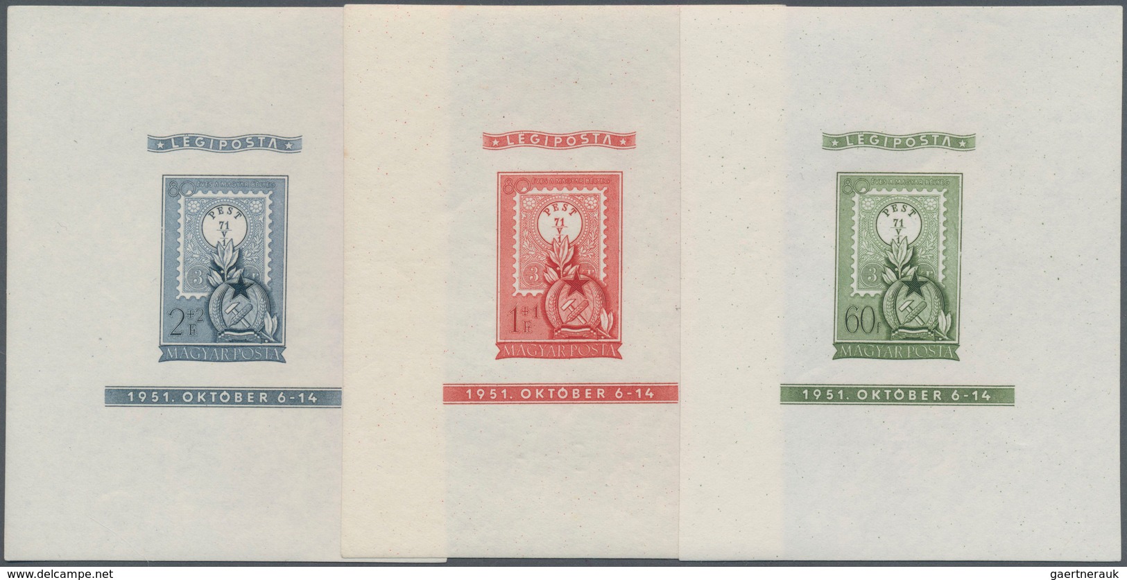 Ungarn: 1951, 80th Anniversary Of Hungarian Stamps, Set Of Three Souvenir Sheets Perforated And Impe - Brieven En Documenten