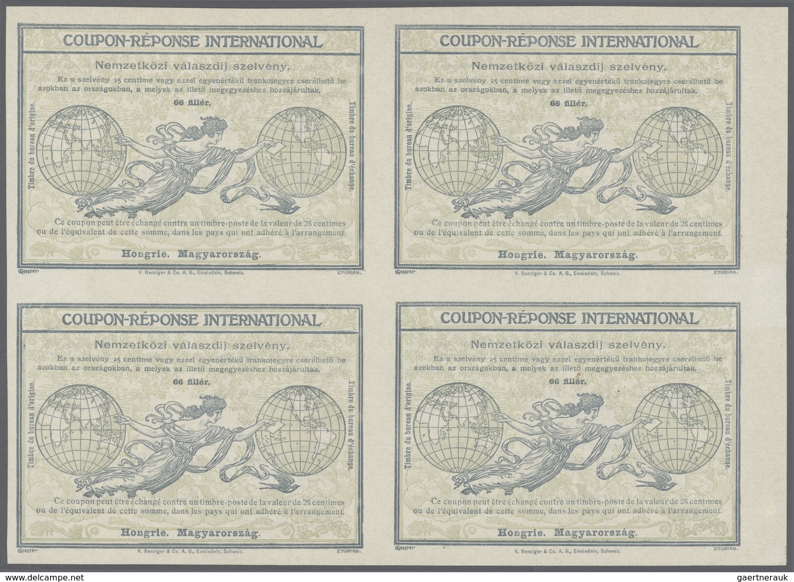 Ungarn - Ganzsachen: 1911. International Reply Coupon 66 Filler (Rom Type) In An Unused Block Of 4. - Postwaardestukken