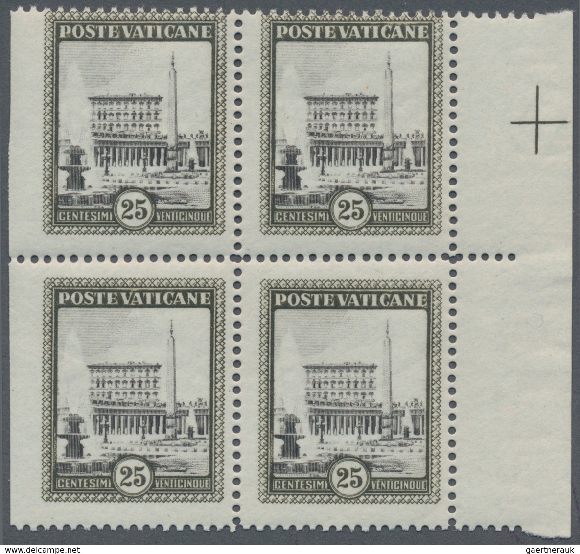 Vatikan: 1933, Vatican Palace 25c. Black/black-olive Block Of Four From Right Margin IMPERFORATE At - Other & Unclassified