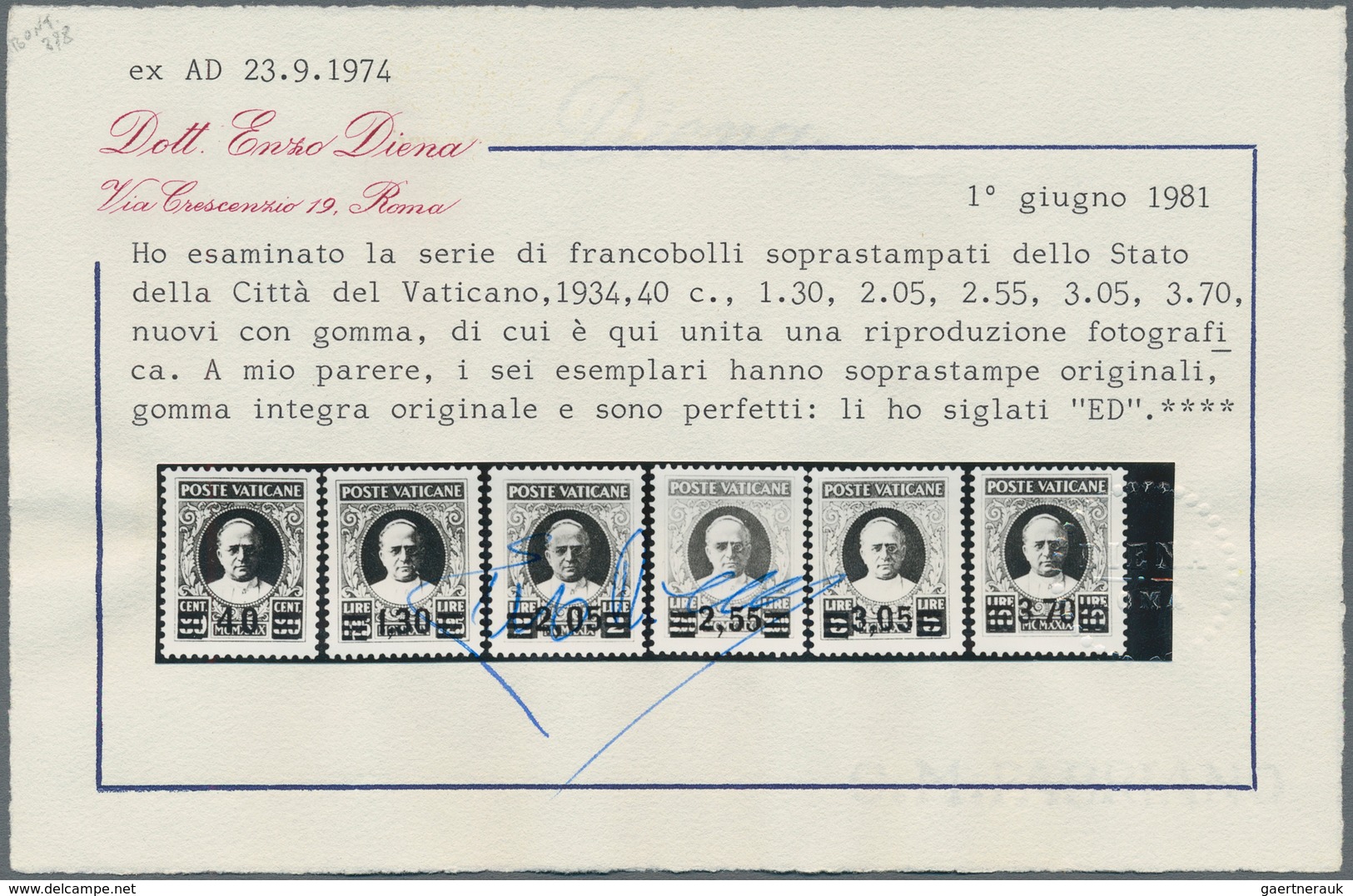 Vatikan: 1934 Provisionals, Complete Set Of Six, Mint Never Hinged, 1,30l. With Little, Lightly Brow - Other & Unclassified