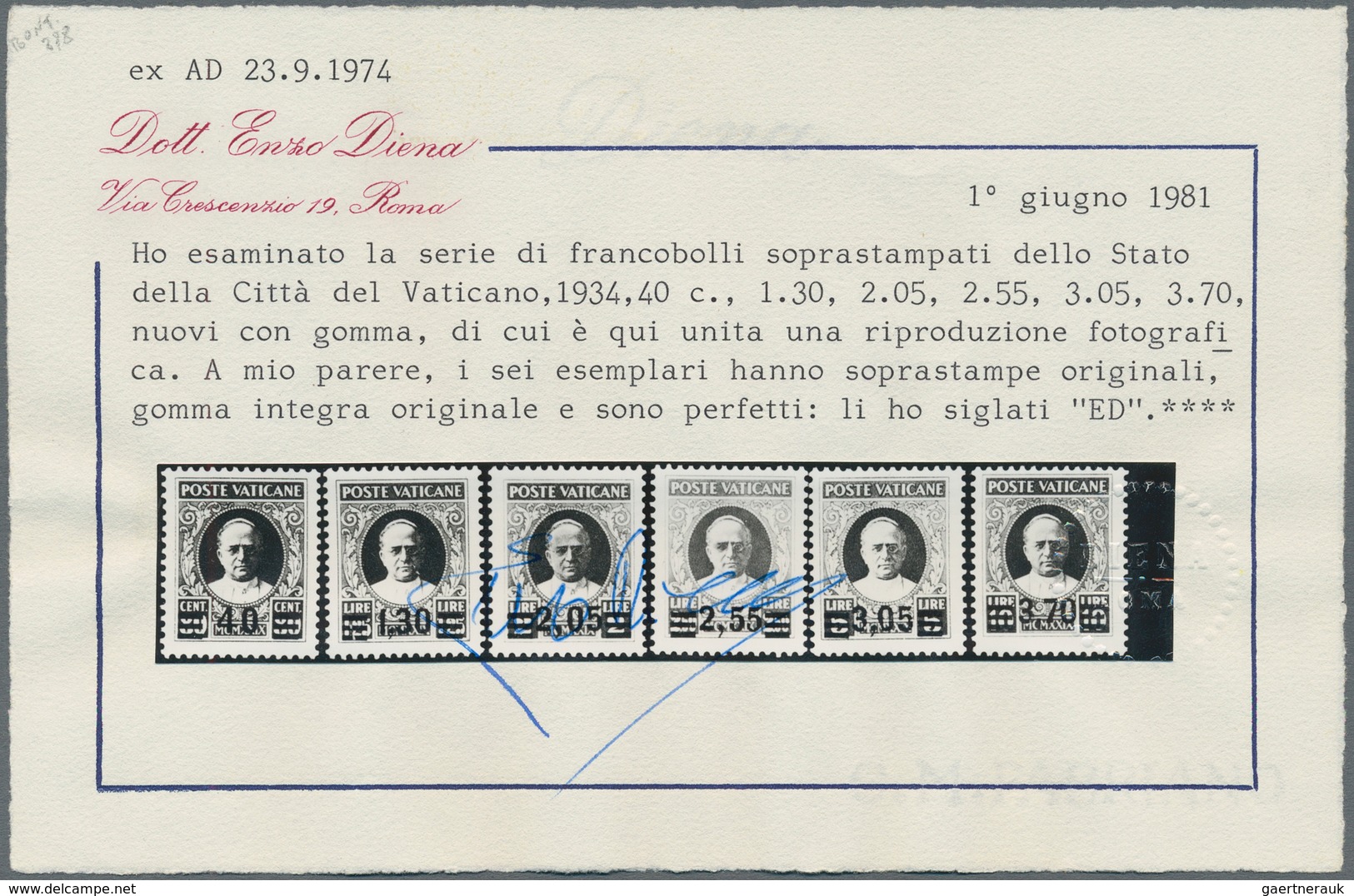 Vatikan: 1934 Provisionals, Complete Set Of Six, Mint Never Hinged, 1,30l. With Little, Lightly Brow - Andere & Zonder Classificatie