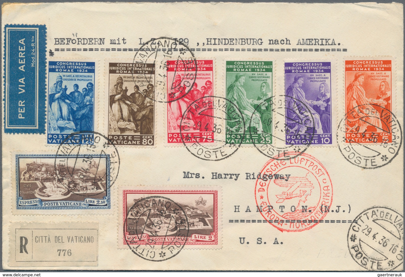 Vatikan: 1936. Zeppelinpost. 1. NAF 1936. Wundervoller R-Brief Mit Vatikan-Vollfrankatur, U.a. Juris - Other & Unclassified