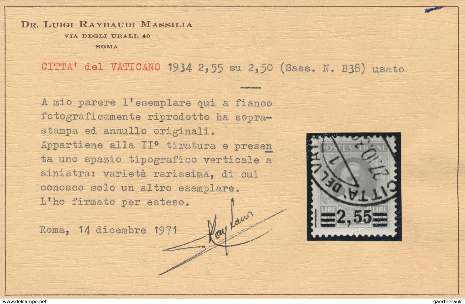 Vatikan: 1934, 2,55 L On 2,50 L Orange-red Provisional Definitive, Second Printing, Surcharge With A - Otros & Sin Clasificación