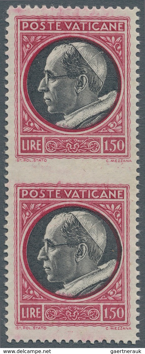 Vatikan: 1945, 1,50 L Carmine/black, Vertical Pair, Horizontally Imperforated Center, VF Mint Never - Other & Unclassified