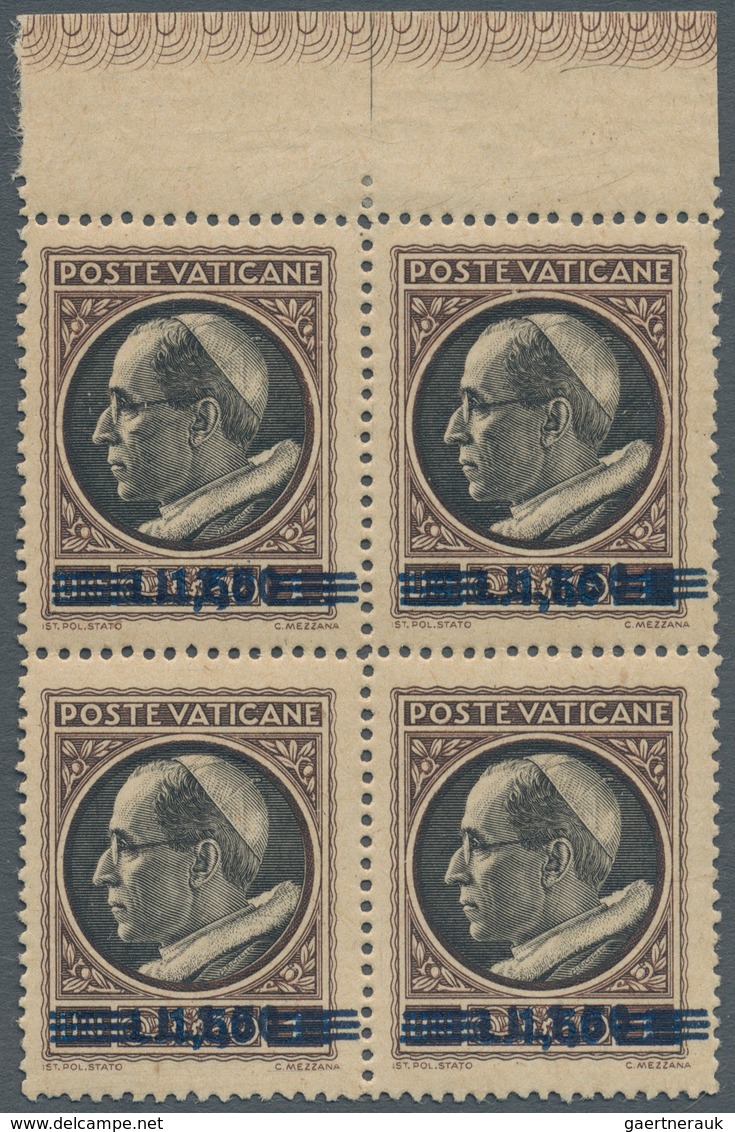 Vatikan: 1945, 1,50 L On 1 L Brown/black With DOUBLE SURCHARGE, Block Of 4 From Upper Sheet Margin, - Other & Unclassified