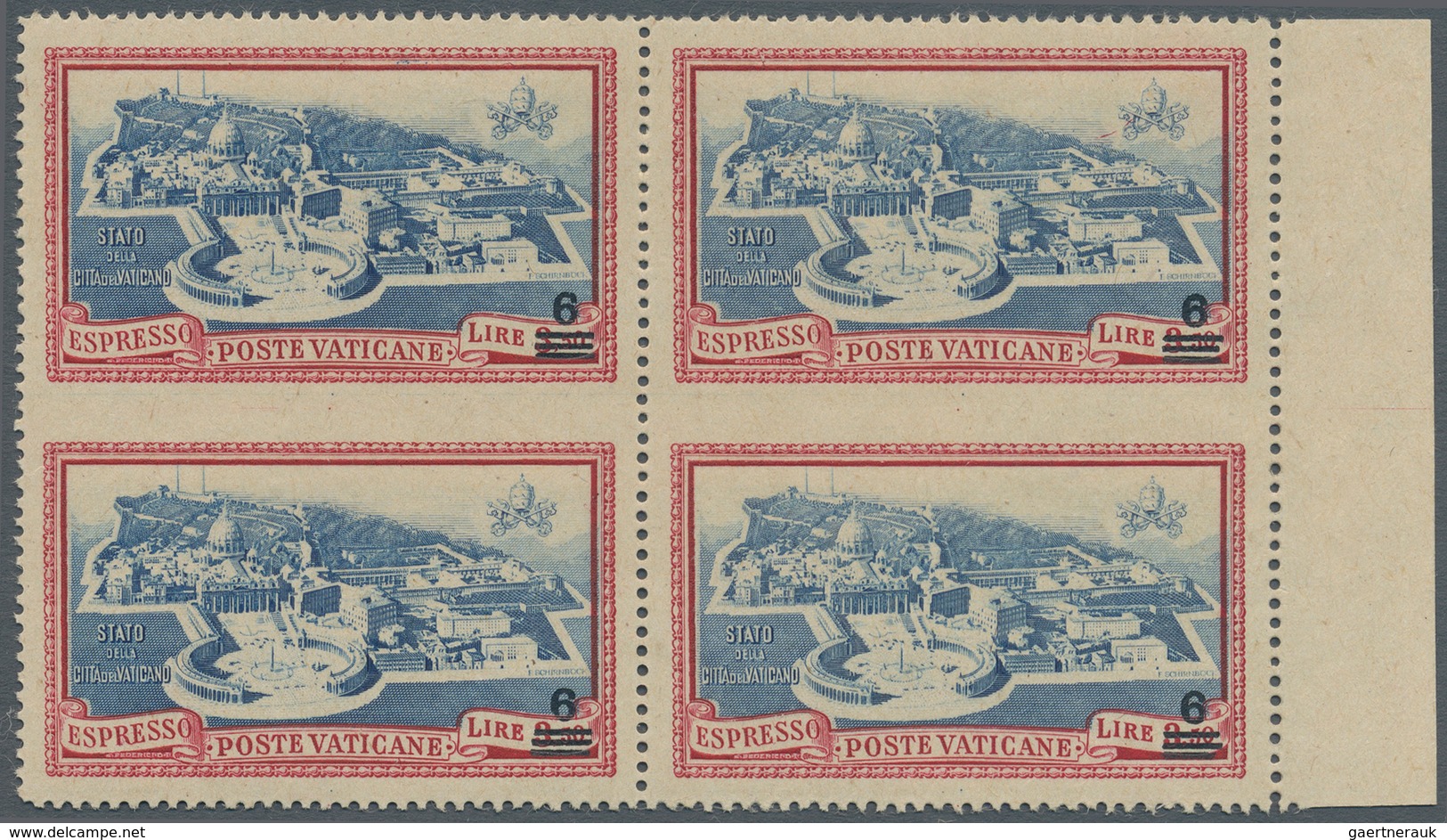 Vatikan: 1945, 6 L On 3,50 L Carmine/blue Express Stamp, Block Of 4 From Right Margin, Both Vertical - Other & Unclassified