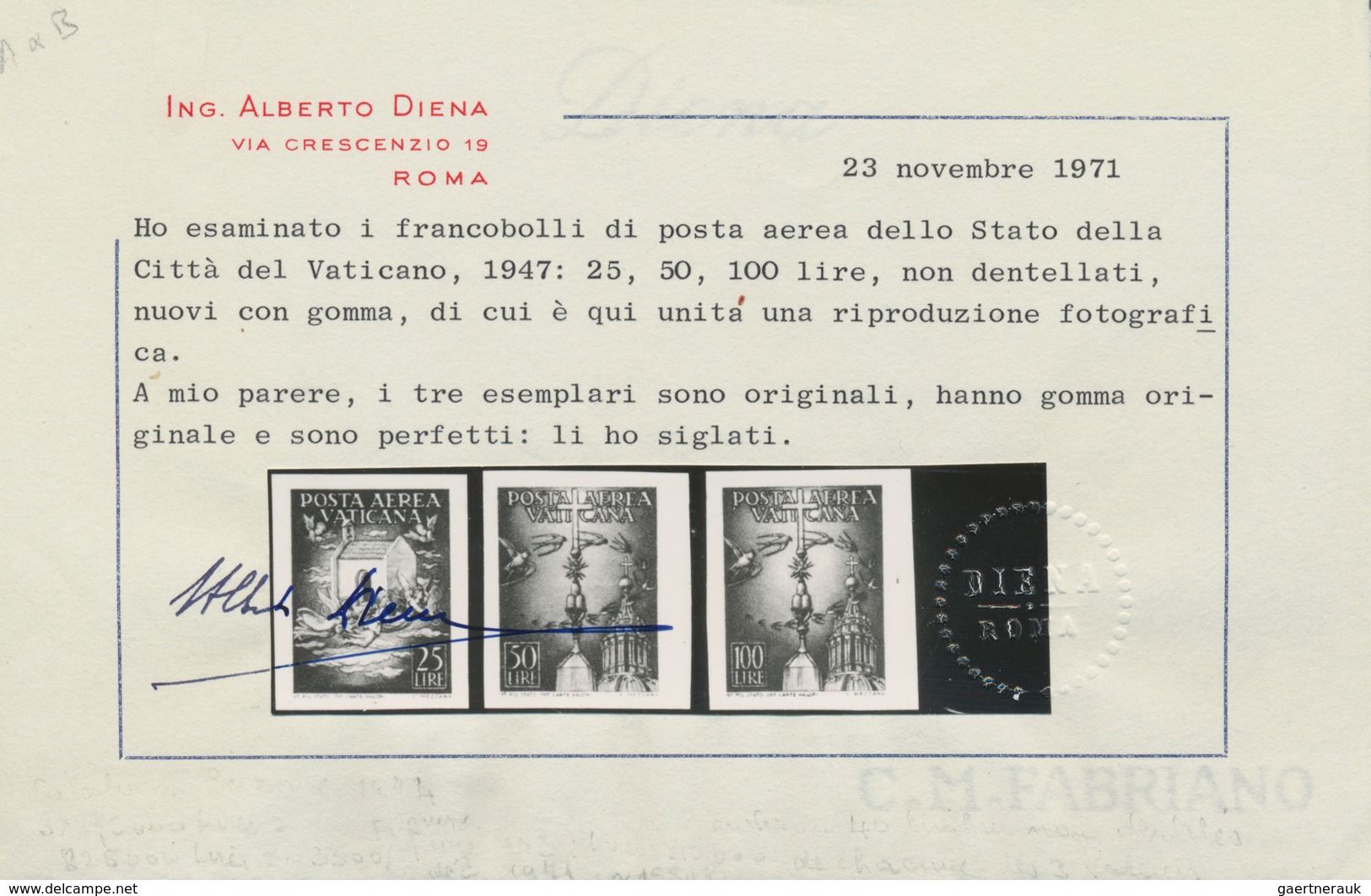 Vatikan: 1947, 25 L Deep Emerald, 50 L Grey-black And 100 L Orange Airmail Stamps, All Three Stamps - Otros & Sin Clasificación