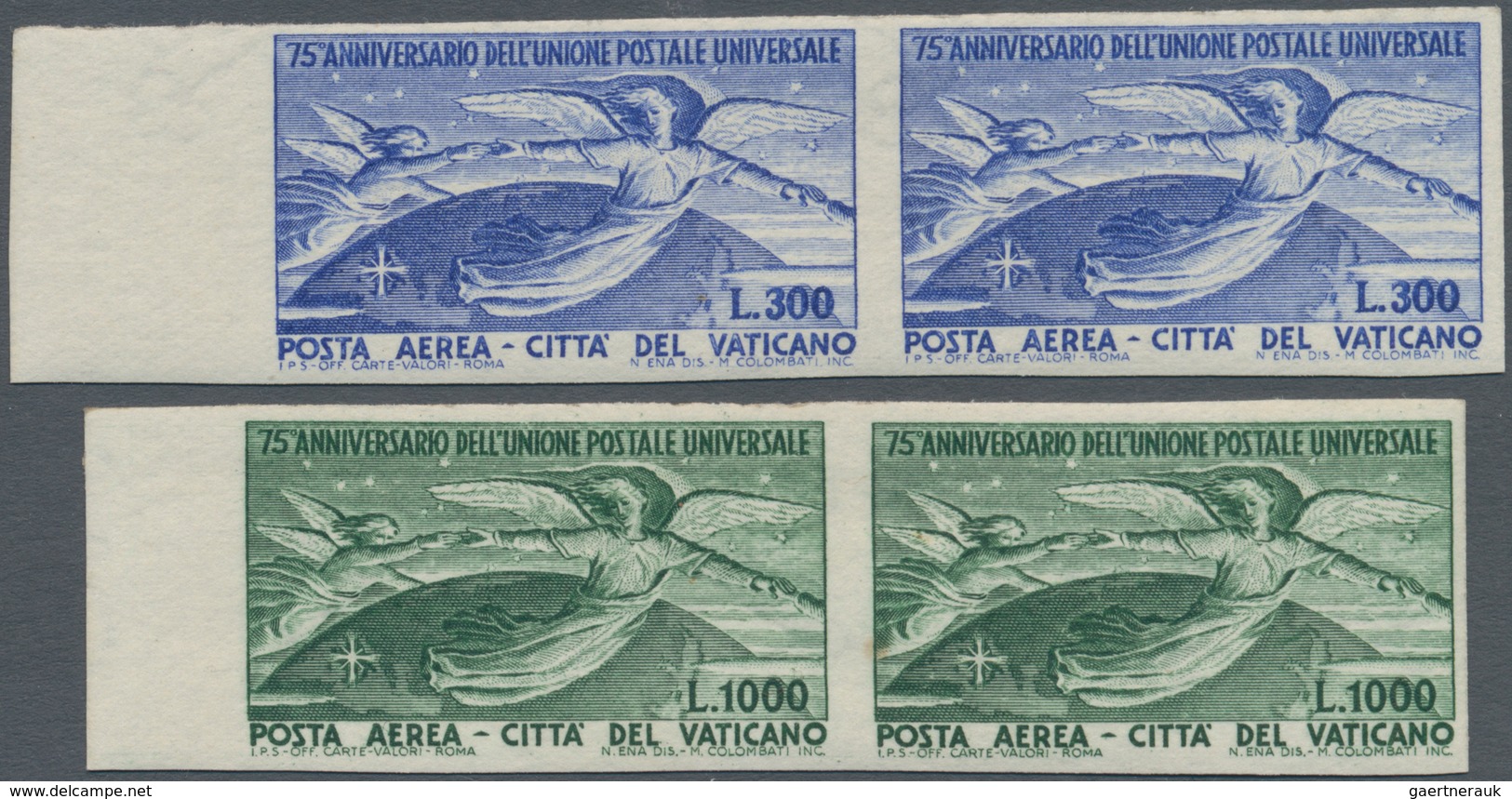 Vatikan: 1949, 300 L Ultramarin And 1000 L Green Airmail Stamps "UPU", Two IMPERFORATED Horizontal P - Otros & Sin Clasificación