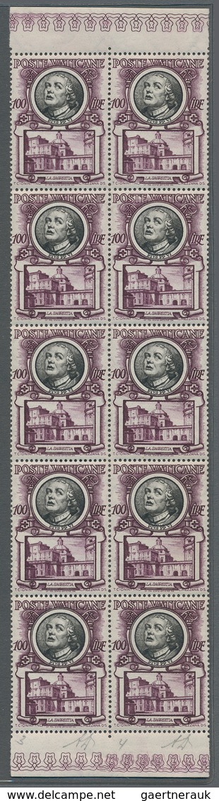 Vatikan: 1953, 100 L Brown-lilac/black Definitive "popes", Vertical Block Of 10 With Sheet Margins, - Andere & Zonder Classificatie