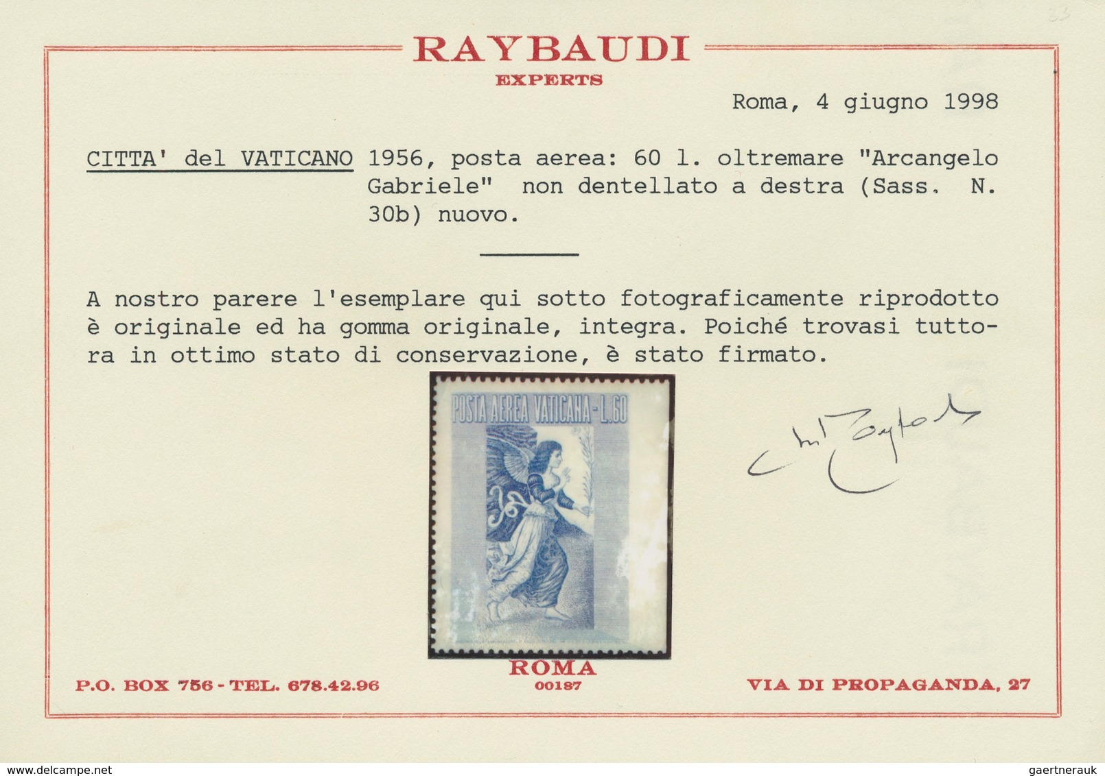 Vatikan: 1956, 60 L Ultramarine Airmail Stamp "Archangel Gabriel", IMPERFORATED At Right Side. VF Mi - Otros & Sin Clasificación