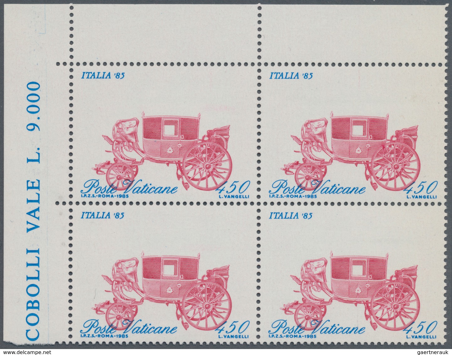 Vatikan: 1985, 450 L Cobalt/purple In Block Of Four, Left Corner Edge, Carriage Strongly Shifted Dow - Otros & Sin Clasificación