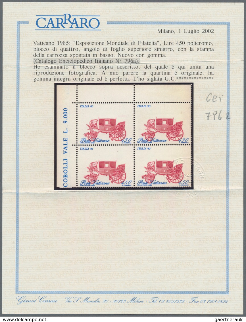 Vatikan: 1985, 450 L Cobalt/purple In Block Of Four, Left Corner Edge, Carriage Strongly Shifted Dow - Other & Unclassified