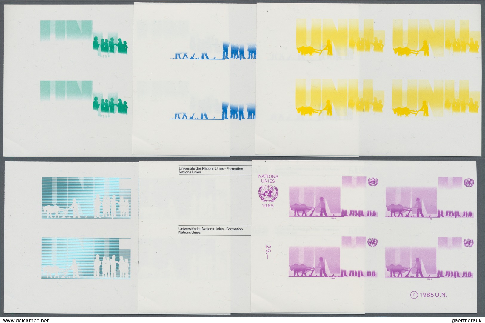 Vereinte Nationen - Genf: 1985. Progressive Proof (6 Phases) In Corner Blocks Of 4 For The 50c Value - Unused Stamps