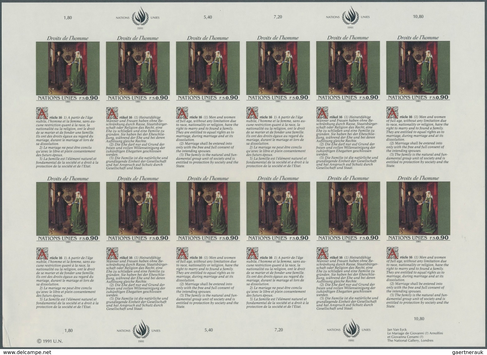 Vereinte Nationen - Genf: 1991. Imperforate Pane Of 12 + 12 Se-tenant Labels For The 90c Value Of Th - Unused Stamps