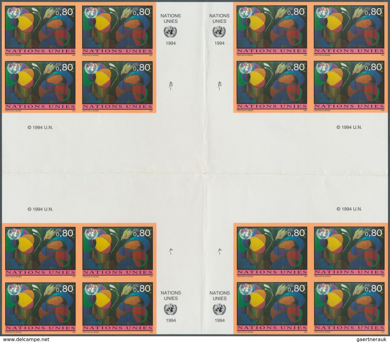 Vereinte Nationen - Genf: 1994. Imperforate Cross Gutter Block Of 4 Blocks Of 4 For The 80c Value Of - Unused Stamps