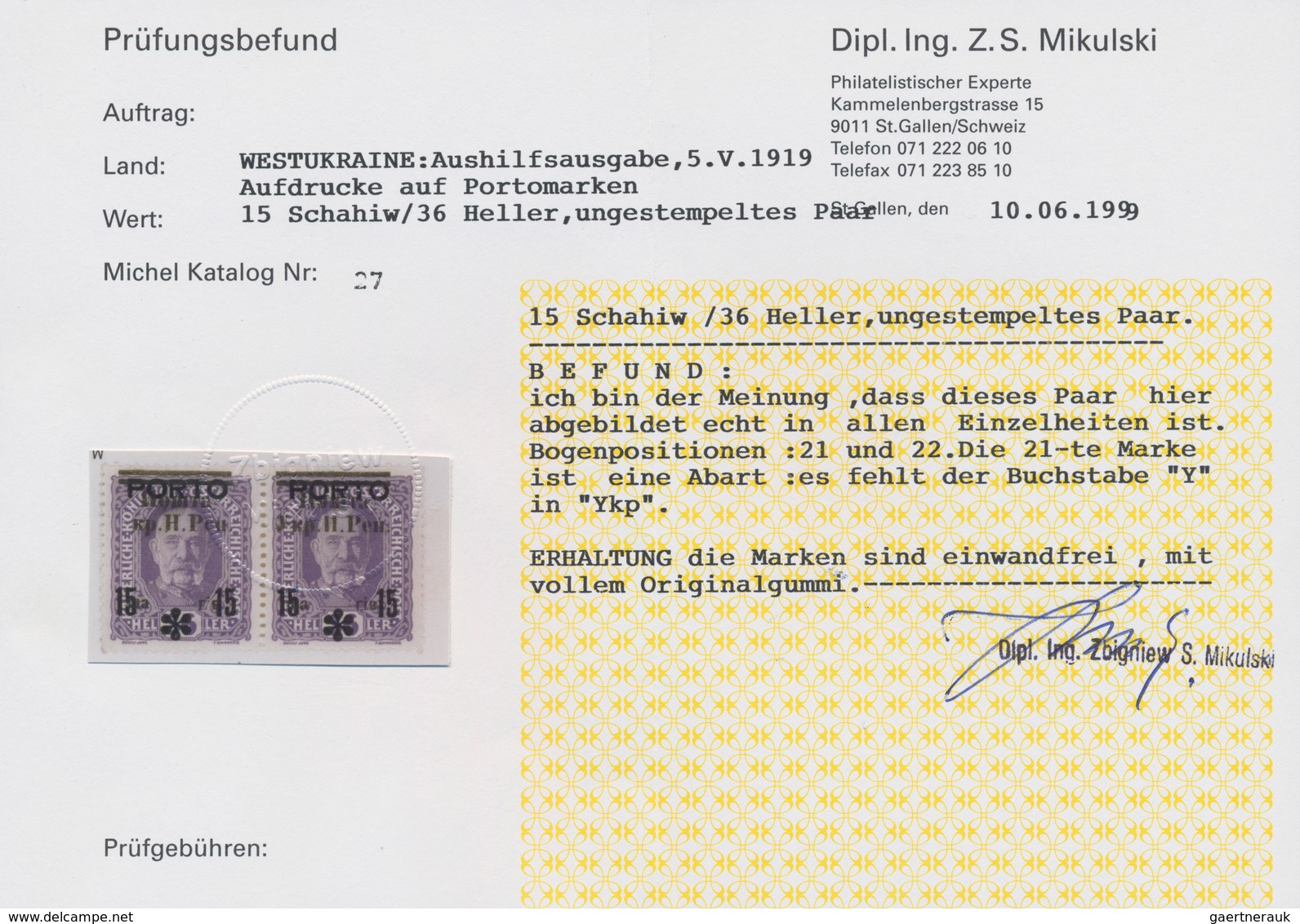 Westukraine: 1919, Postage Due From Austria 15 Schahiw On 36 H With In Pair With Varity "missing 'Y' - Ukraine