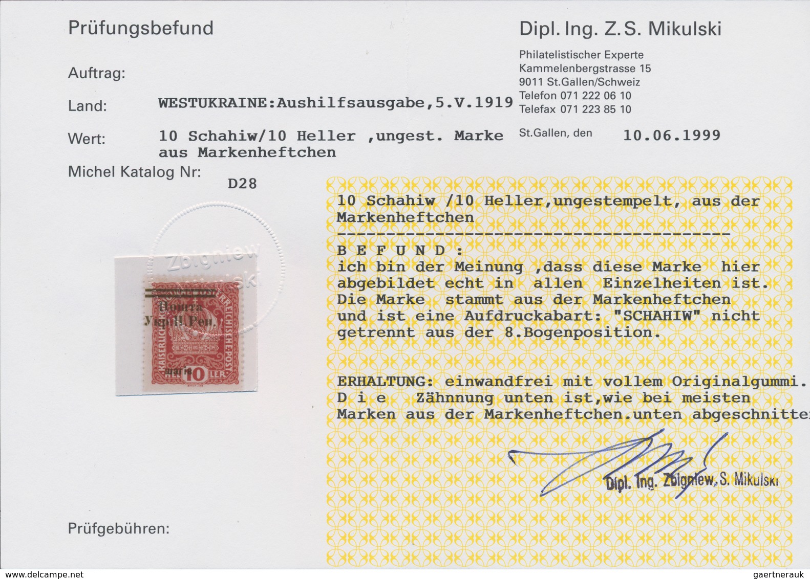 Westukraine: 1919, Postage Due From Austria Schahiw On 10 H From Booklet, Certificate Mikulski. - Ukraine