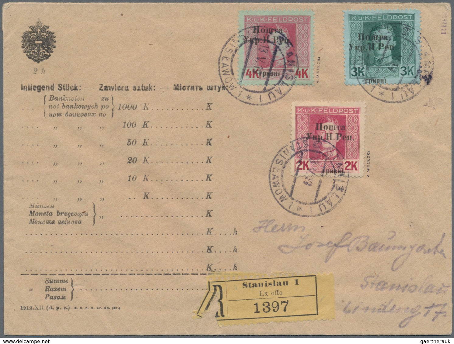 Westukraine: 1919, 2nd Stanislaw-issue, Registered Local Cover With 2 Hr., 3 Hr. And 4 Hr. Tied "STA - Oekraïne