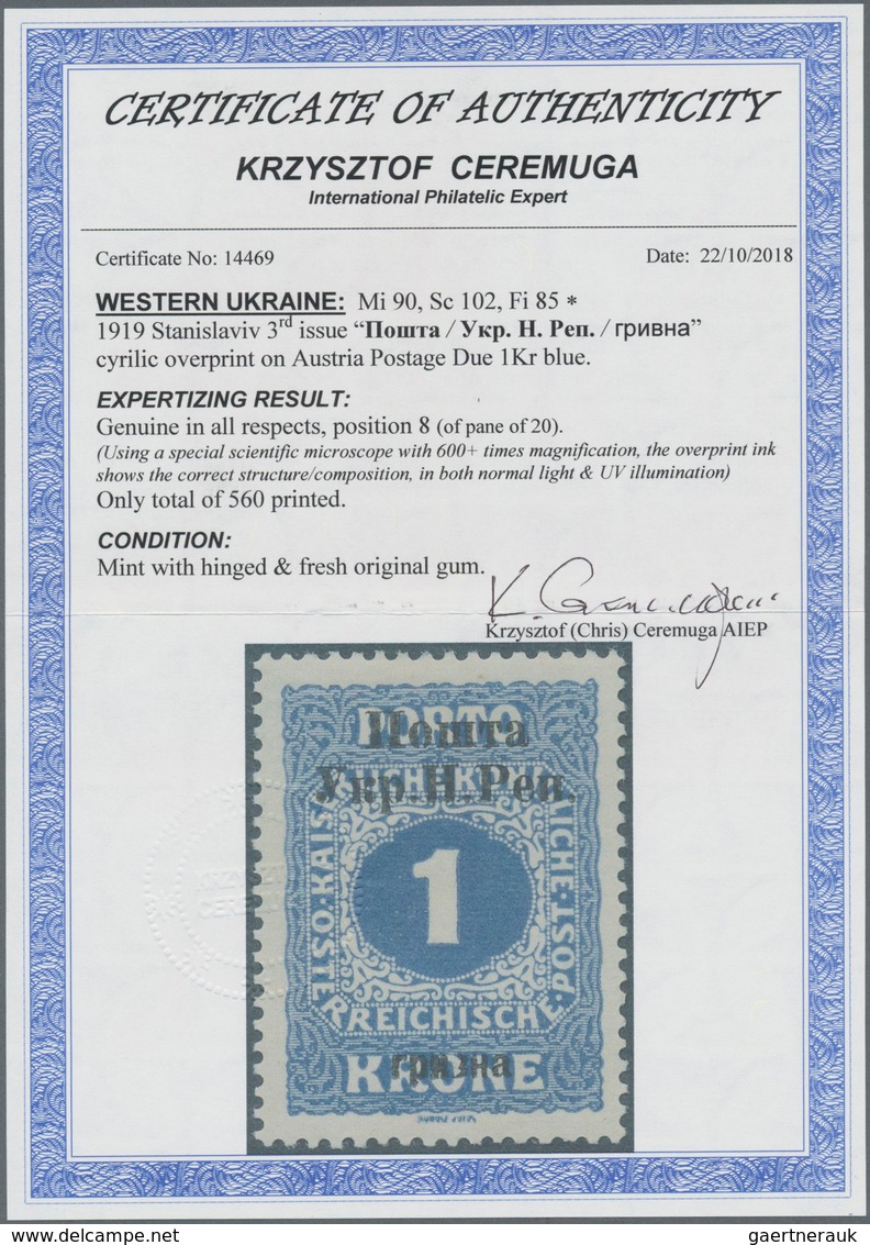 Westukraine: 1919, Overprint On 1kr. Ultramarine, Mint O.g. And Used, (pos. 8), Certificate Ceremuga - Ukraine