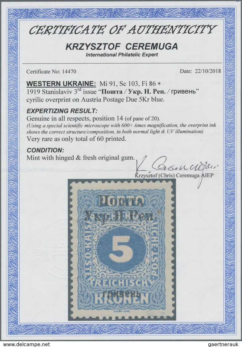 Westukraine: 1919, Overprint On 5 Kr. Ultramarine, Mint O.g., Very Rare Stamp Of Which Just 60 Copie - Oekraïne