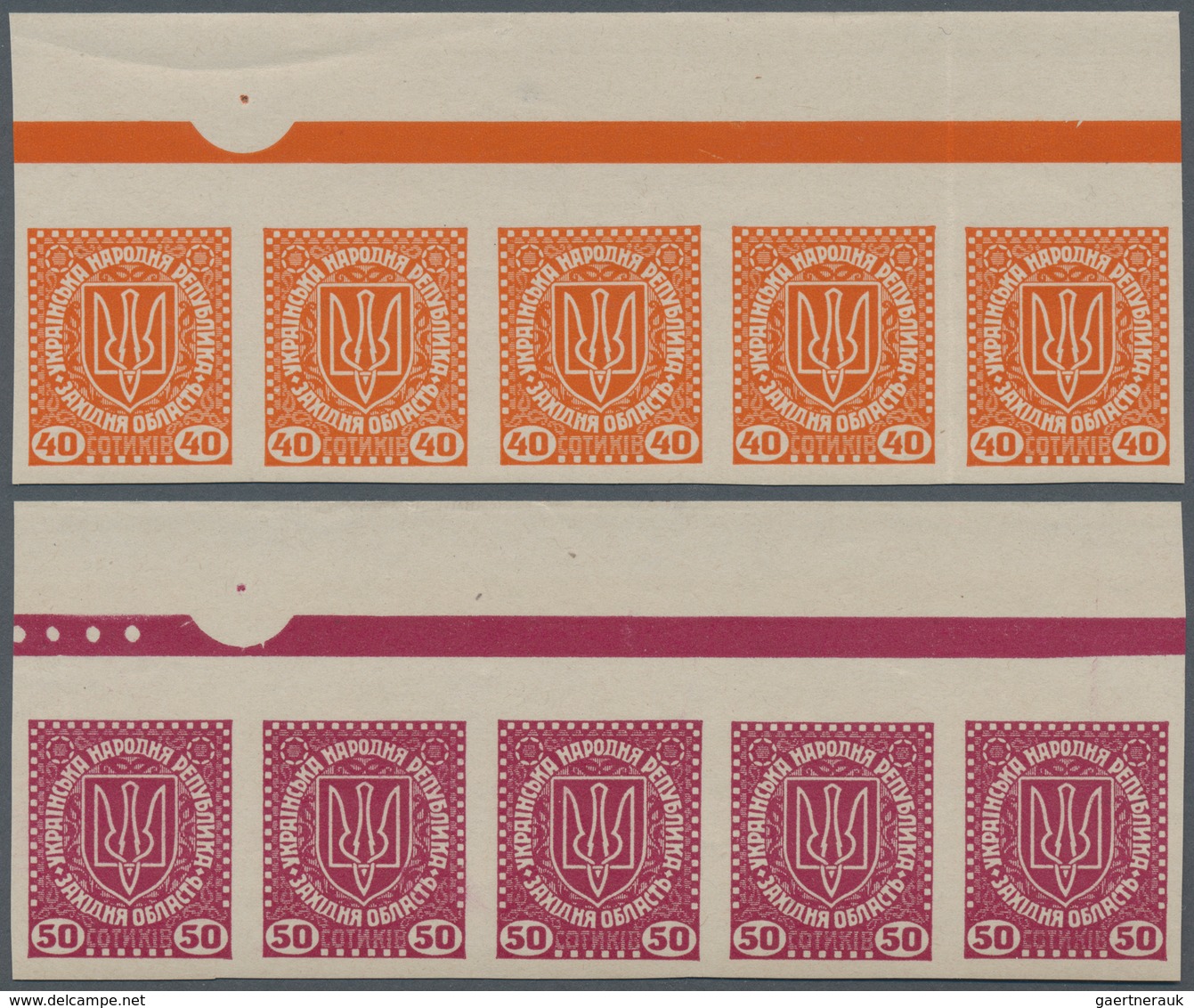 Westukraine: 1919/prepared for but unissued, 10 S.-3 Kr. complete imperforate set of 12 in top margi