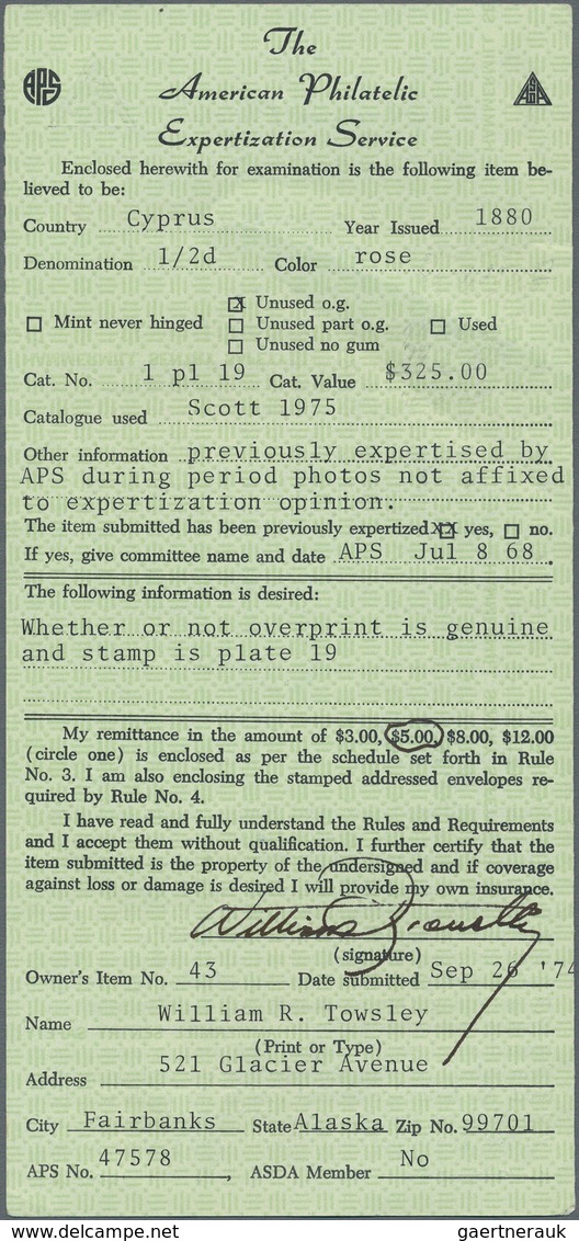 Zypern: 1880, ½d. Rose, Plate 19, Well Perforated, Mint Original Gum With Large-scale Adhesions. Cer - Andere & Zonder Classificatie