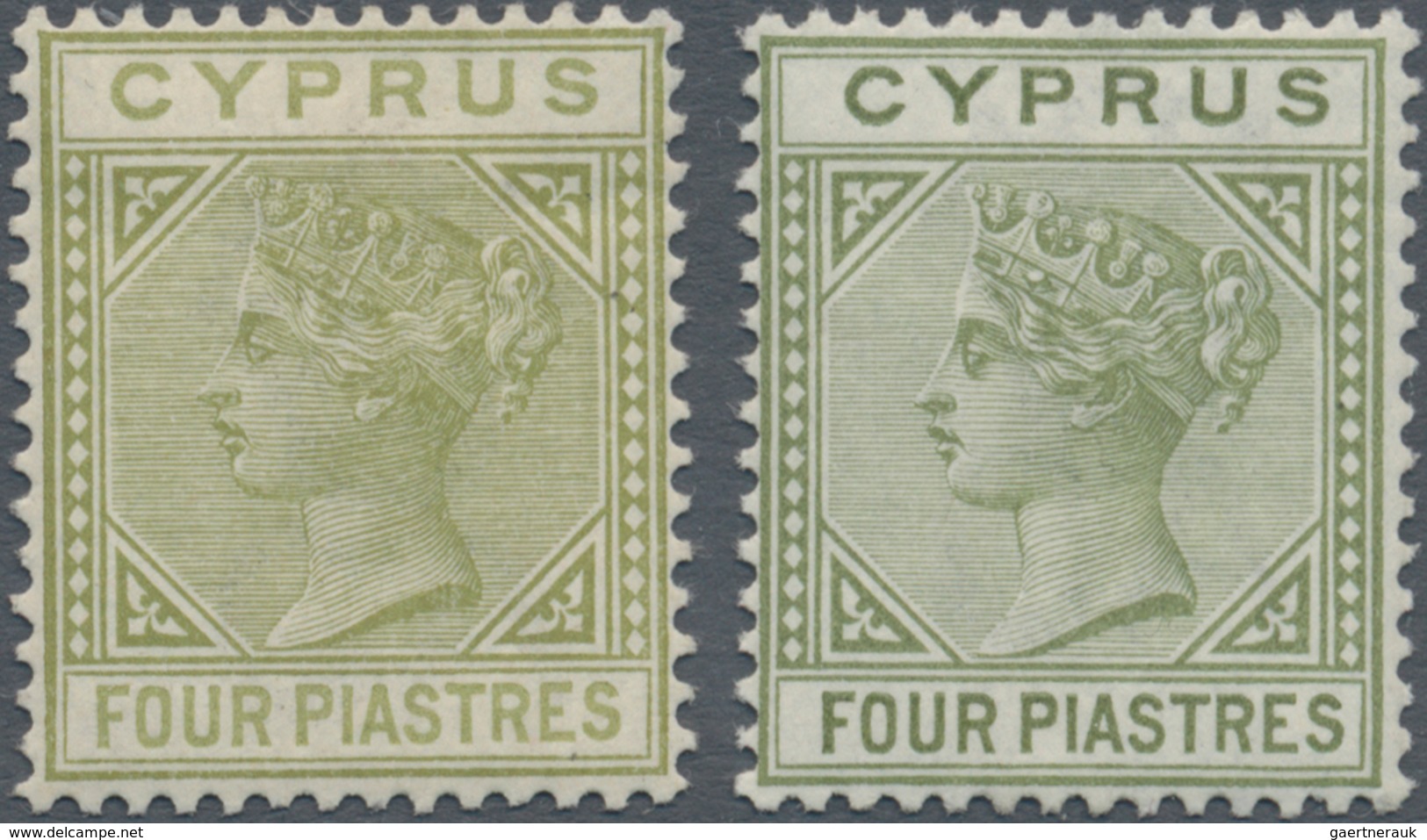 Zypern: 1882/1892, Two Mint Singles Of 4pi. Olive-green, Wmk Crown CA, The First Showing Die I, Mint - Other & Unclassified