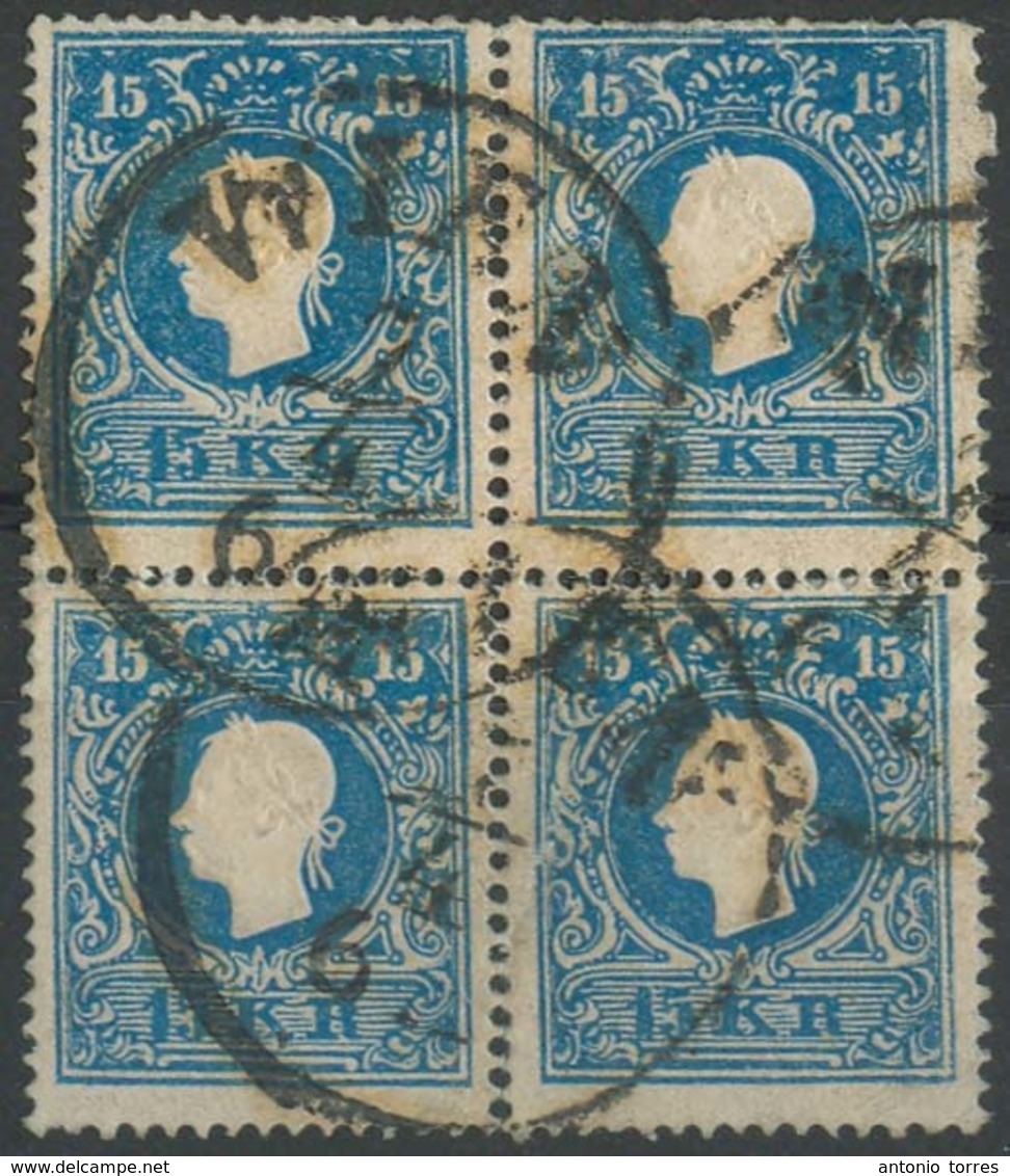 AUSTRIA. 1858. Yv 10. 15k Blue, Perf 15, Block Of Four, Used Wien. Fine Used. Yv 2005, 1000 Euros V Scarce. - Sonstige & Ohne Zuordnung