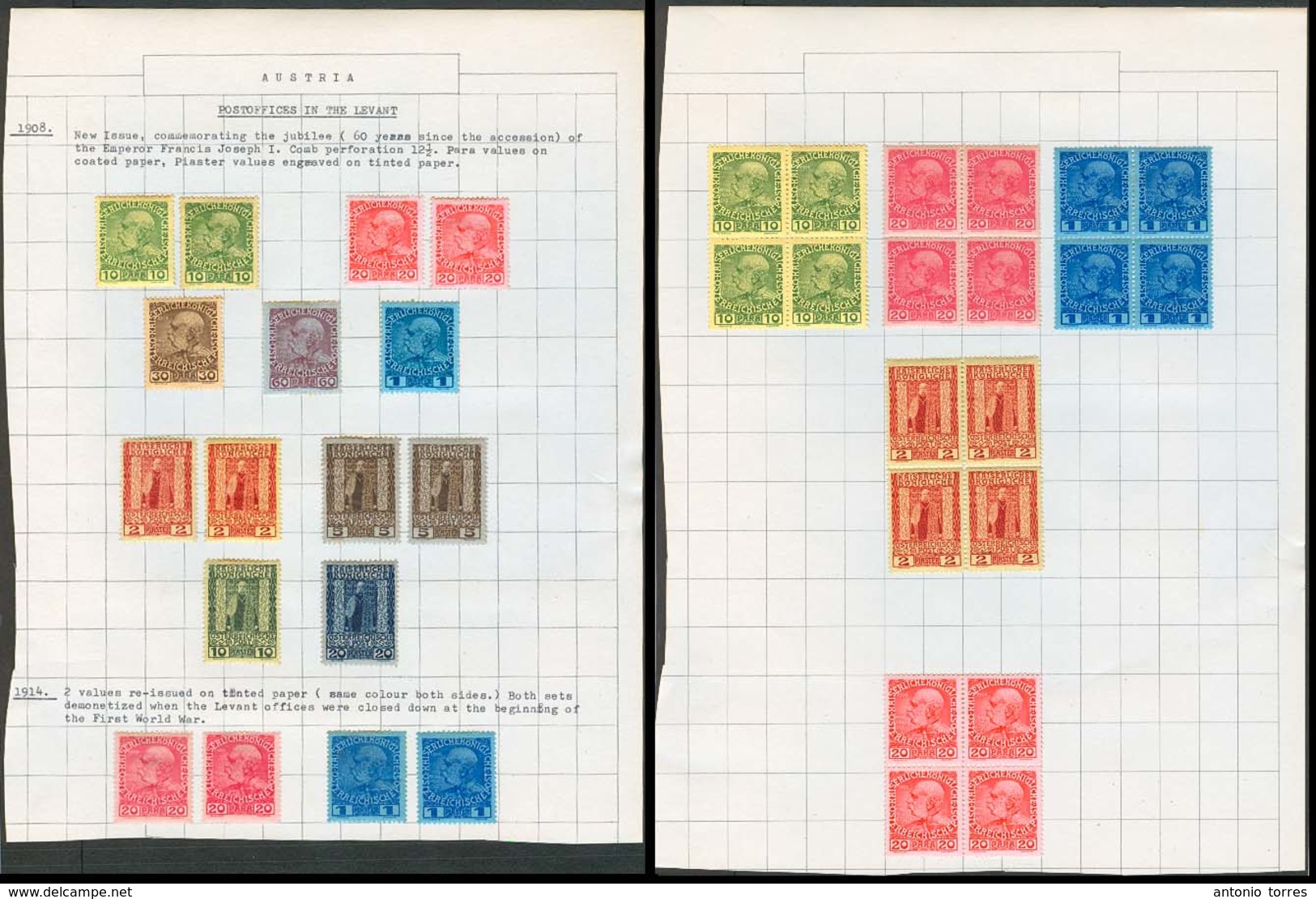 AUSTRIAN Levant. 1908 Issue. Mint OG In 2 Original Album Pages 10p To 20p Ubck Some Multiples. 37 Stamps Incl 1p Glace P - Sonstige & Ohne Zuordnung