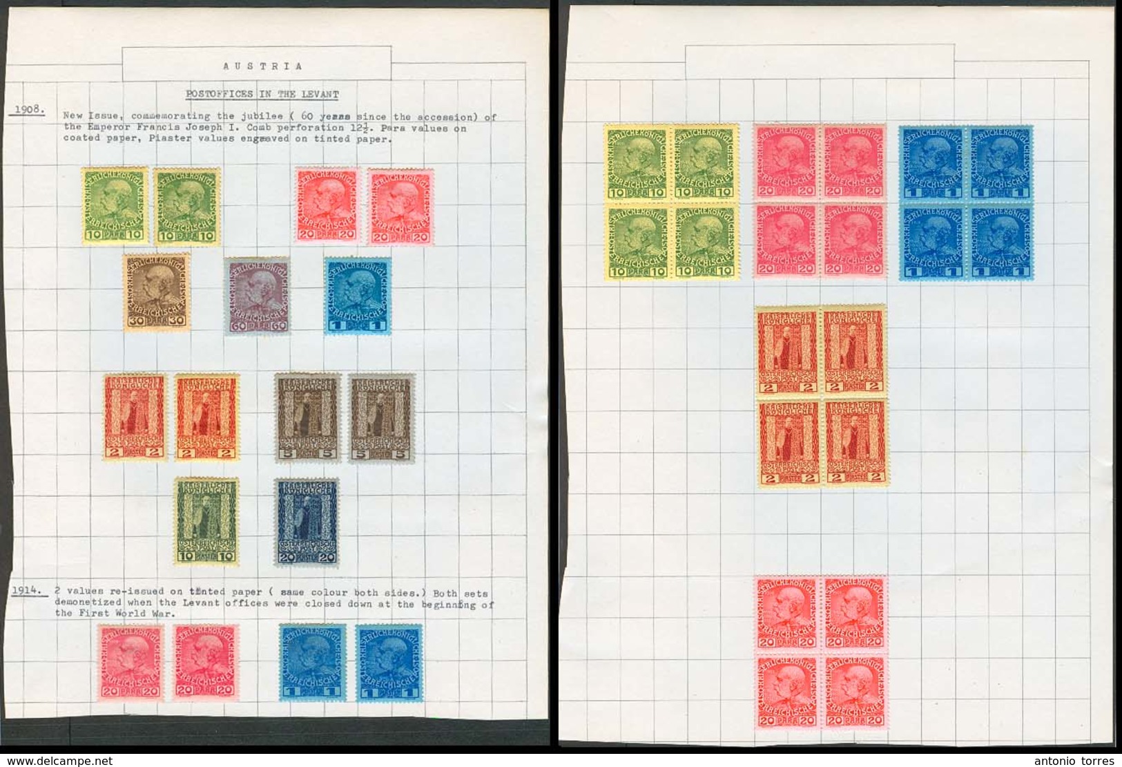 AUSTRIAN Levant. 1908 Issue. Mint OG In 2 Original Album Pages 10p To 20p Ubck Some Multiples. 37 Stamps Incl 1p Glace P - Autres & Non Classés