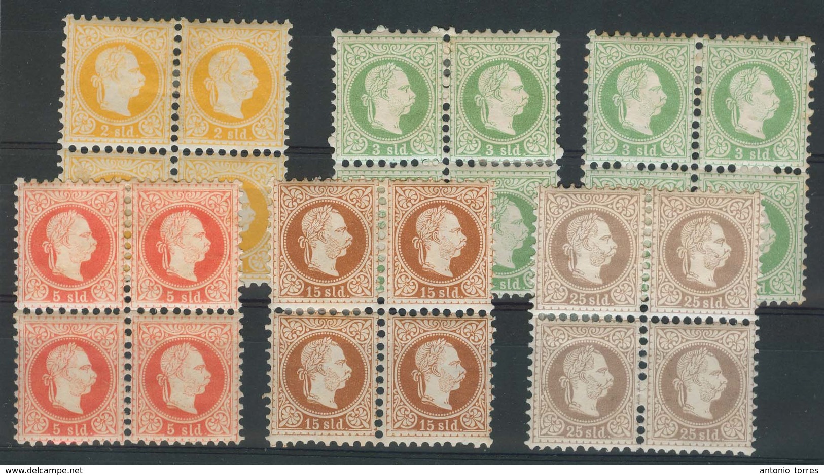 AUSTRIAN Levant. 1867. Fine Print. 2 Sld, 3sld (2 Shades), 5 Sld, 15 Sld And 25 Sld In Block Of Four, Full OG Light Hing - Other & Unclassified