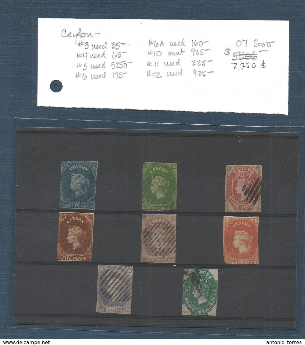 BC - Ceylon. 1855. 5c. 3, 4, 5, 6, 6A, 10*, 11, 12º. Group Of 8 Diff Early Classics, Mostly Faulty. 2007 Cat Value U$ 7, - Sonstige & Ohne Zuordnung