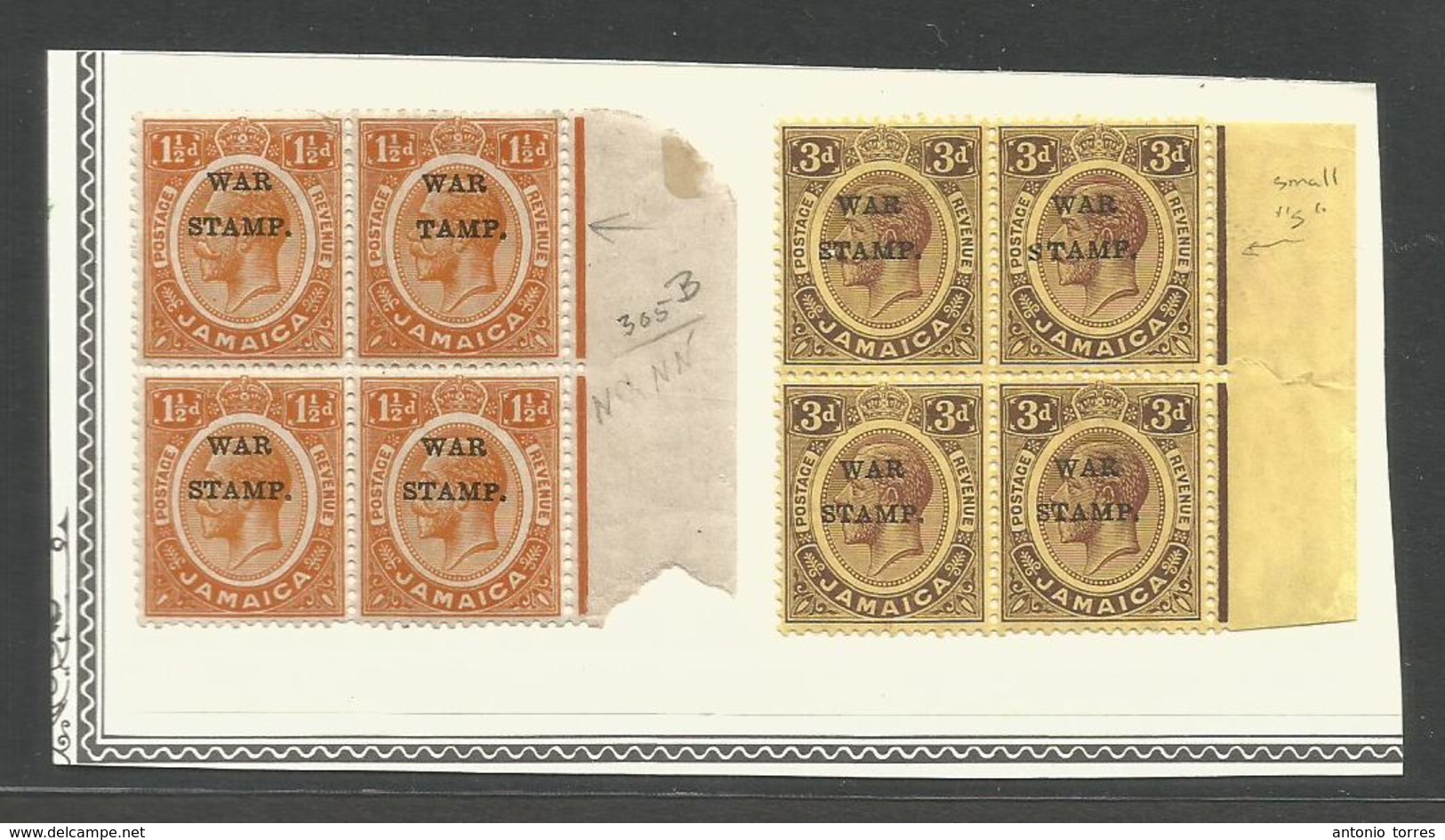 BC - Jamaica. 1917. War Stamps. 1 1/2d + 3d. UMNH Blocks Of Four, Margin Borders With Varieties 1 1/2d Of Stamps Ommited - Sonstige & Ohne Zuordnung