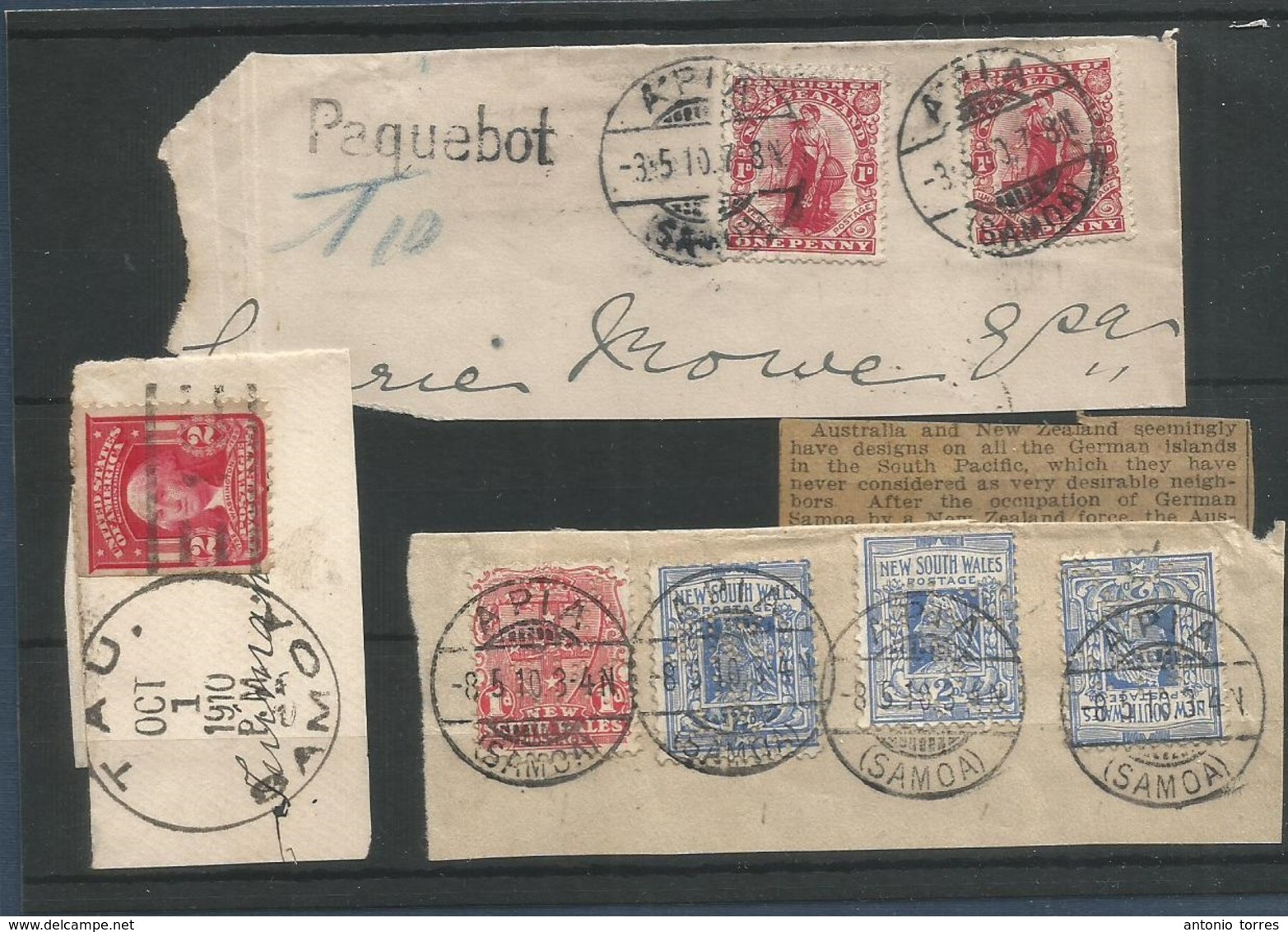 BC - Samoa. 1910. Germany - USA - GB - New Zealand - Australia. Selection Of 3 Fragments With Diff Contains Usages At Ap - Autres & Non Classés