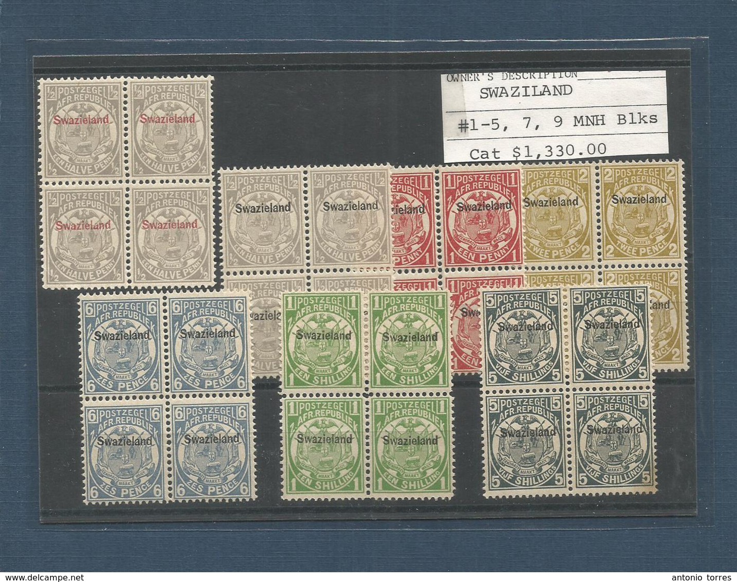 BC - Swaziland. 1889. Overprint Swaziland. Sc 1-5,7,9*. Mnt Blocks Of Four Part 06 Values To 5sh Old Sc Cat Value $1,330 - Altri & Non Classificati