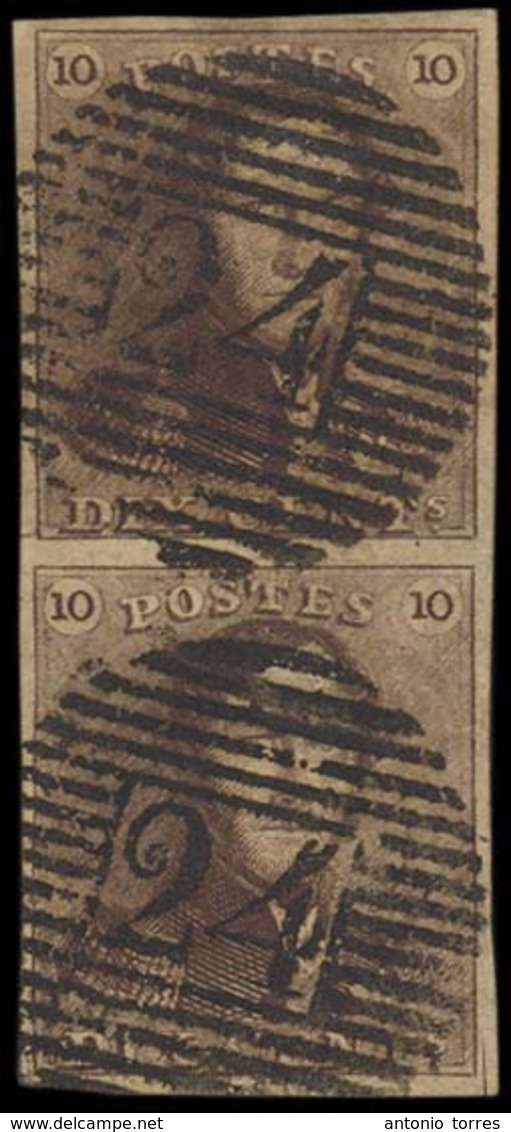 BELGIUM. Yv1aº (2). 10c Brown Red, Vertical Pair, Very Large Margins All Around, Medium Paper Cancelled "24" Grill. The  - Sonstige & Ohne Zuordnung