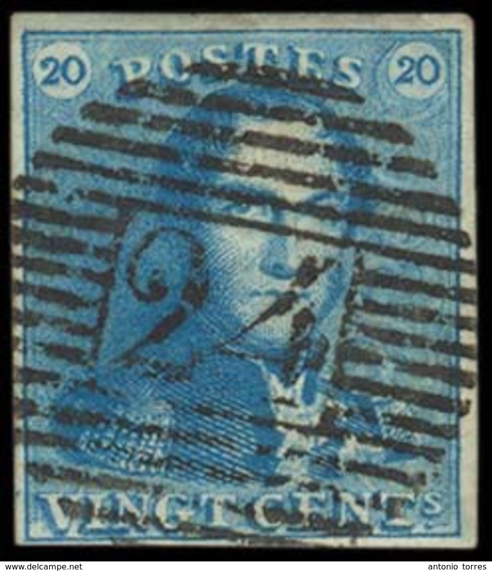 BELGIUM. Yv2º. 20c Light Deep Blue, Very Good Large Margins All Around, 24 Grill. Excellent Stamp. VF-XF. - Altri & Non Classificati