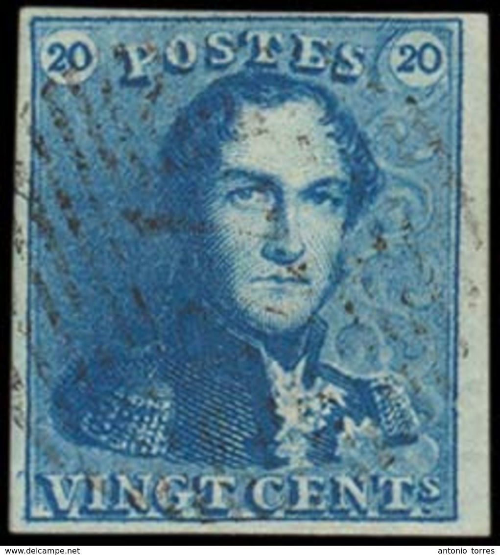 BELGIUM. Yv2º. 20c Blue, Huge Margins, Border At Right, Lovely Light Grill Cancel (77). XF. - Other & Unclassified