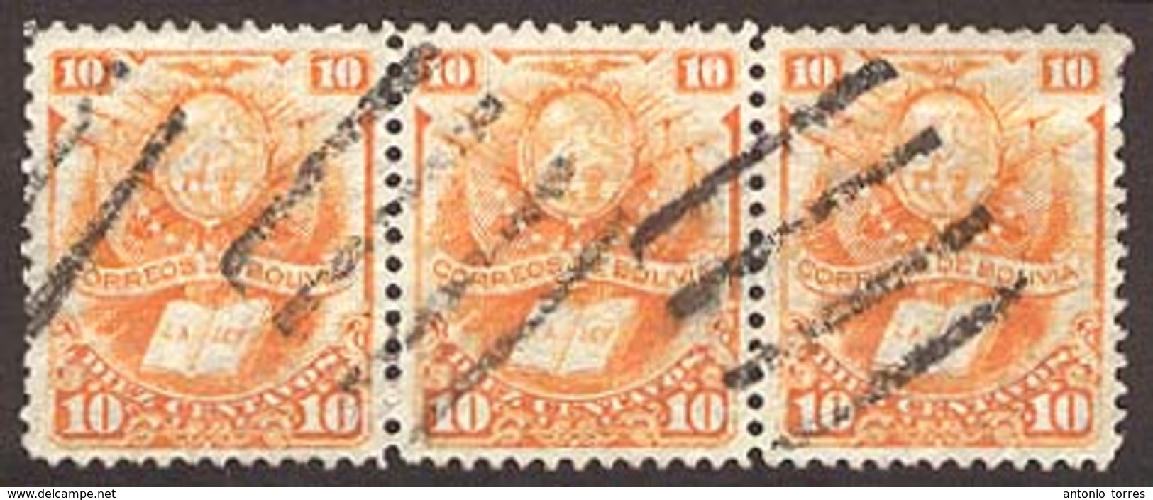 BOLIVIA. 10c Orange. Horizontal Strip Of Three. Scarce Multiple. Sc. 21x 3. Used. VF. - Bolivien