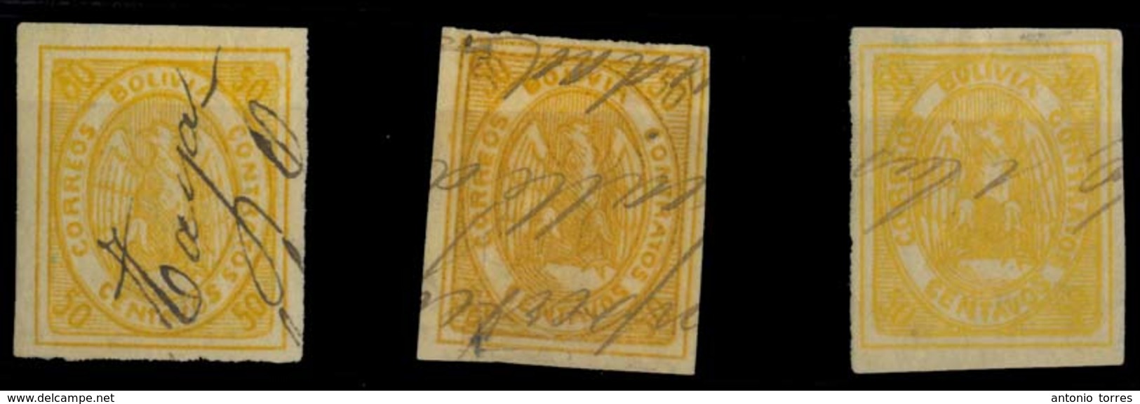 BOLIVIA. Yv 5º (x3). 3 Diff Distintive 50c Yellow, Dark, Yellow And Lemn Prints All VF Pen Cancelled. Ex Patiño. - Bolivien