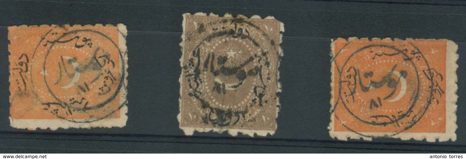 BOSNIA. C.1878. Turkish Post Mostar. 3 Diff Stamps Blue + Black Cancels On The Nose (xx). Fiine Group. - Bosnia Erzegovina