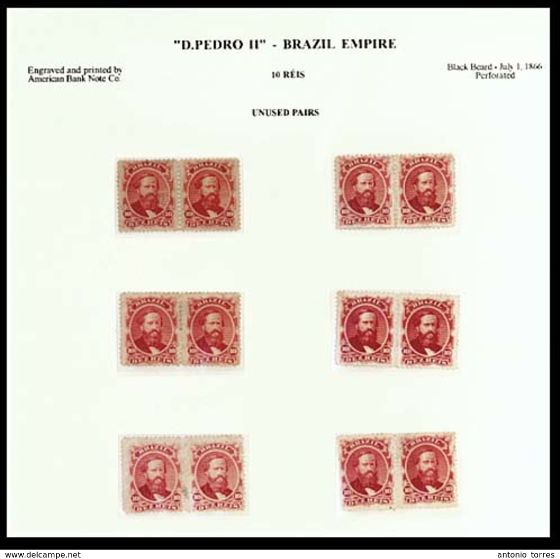 BRAZIL. 1866. 10r Vermilion, A Fine Group On Album Page, With Six Unused Or Unused Og Pairs. A Scarce Group. Scott 53, M - Altri & Non Classificati