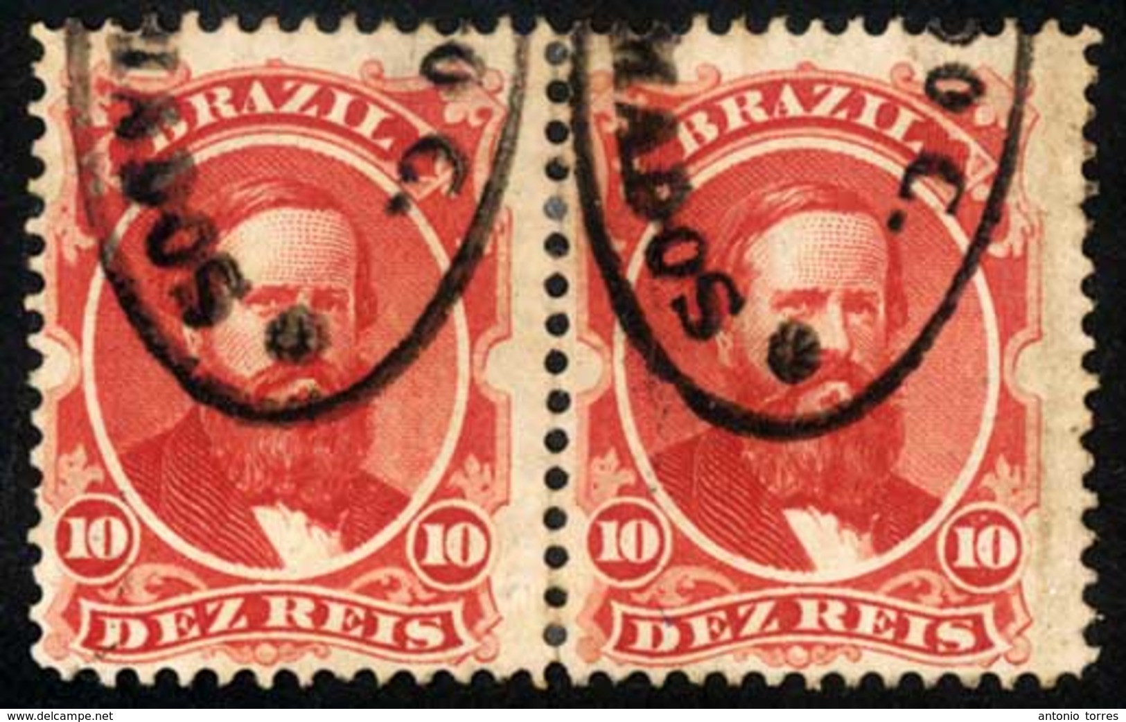 BRAZIL. 1866. 10r Vermilion, A Fine Used Pair With Two Large Part Strikes Of The Scarce Oval 'A.DO.V.QUEMADOS' Handstamp - Altri & Non Classificati