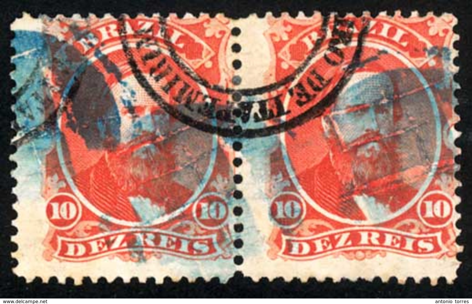 BRAZIL. 1866. 10r Vermilion, A Good Used Pair Cancelled By Blue Cork Cancels And By Large Part Circular 'CACHOEIRO DE IT - Altri & Non Classificati