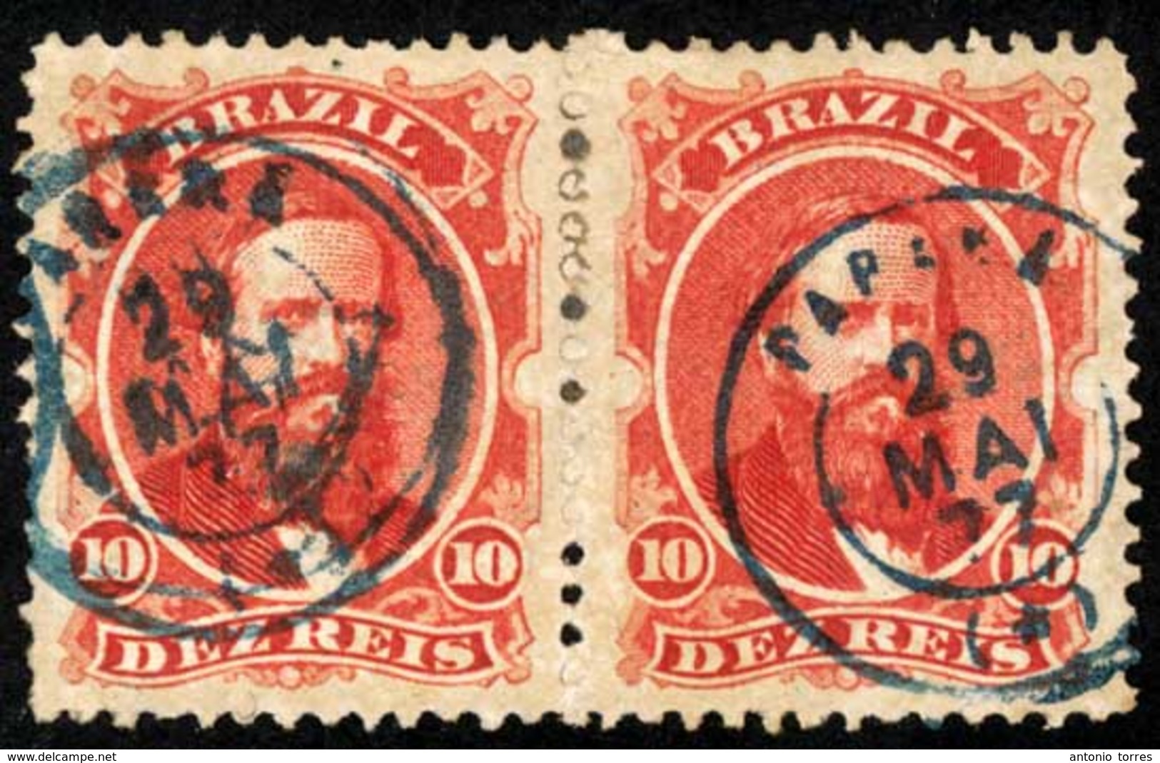 BRAZIL. 1866. 10r Vermilion, A Fine Used Pair Each Stamp Cancelled By Near Complete Upright Strikes Of 'PARANA' French-t - Andere & Zonder Classificatie