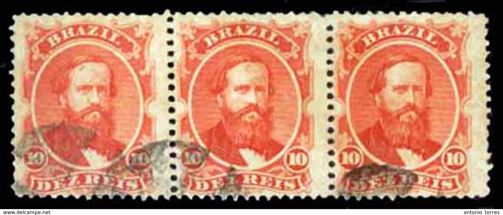 BRAZIL. 1866. 10r Vermilion, A Fine Used Strip Of Three Cancelled In Black. Scott 53. - Other & Unclassified