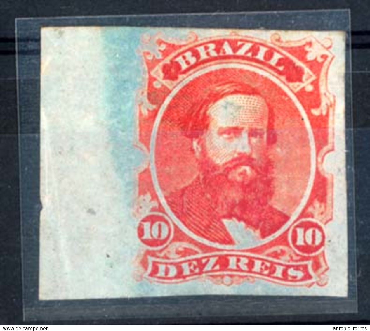 BRAZIL. 1866. 10r Vermilion, An IMPERFORATE Marginal Example From The Left Of Sheet, On BLUED PAPER. A Very Rare Stamp W - Other & Unclassified