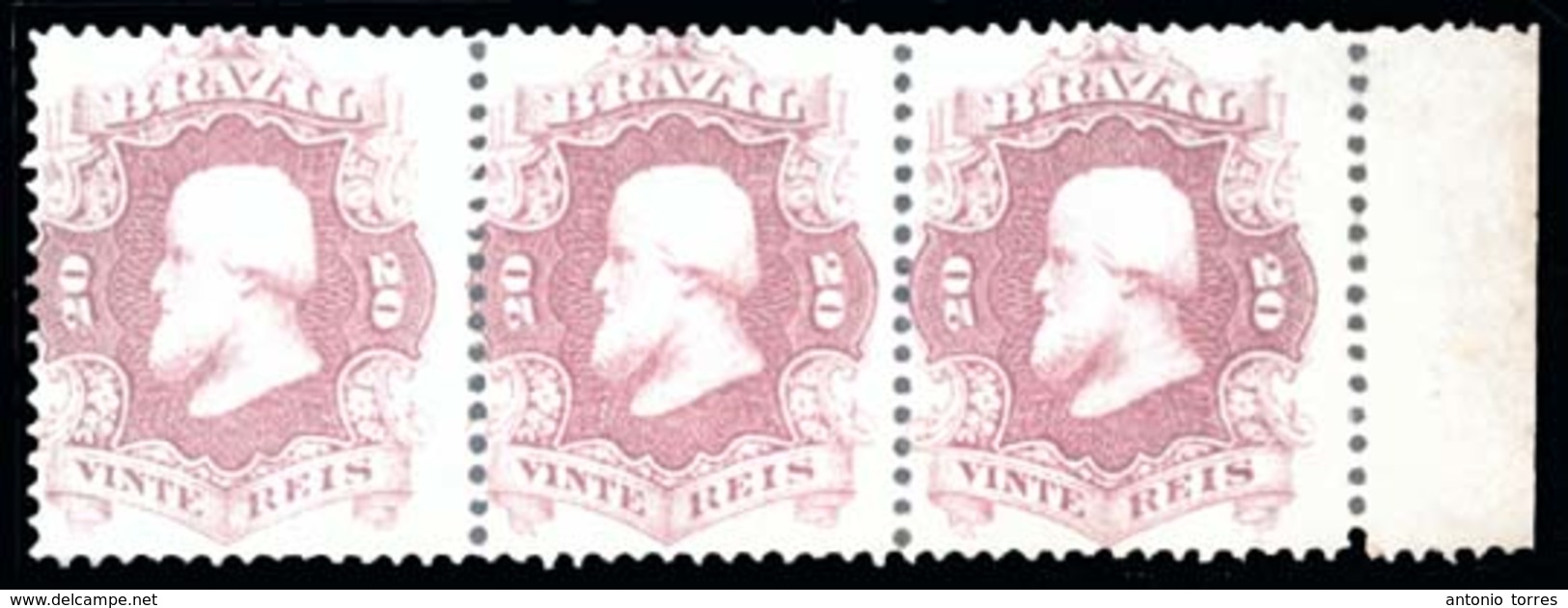 BRAZIL. 1866. 20r Rose Lilac, A Fine Right Marginal Horizontal Strip Of Three, Unused. Scott 54. - Other & Unclassified
